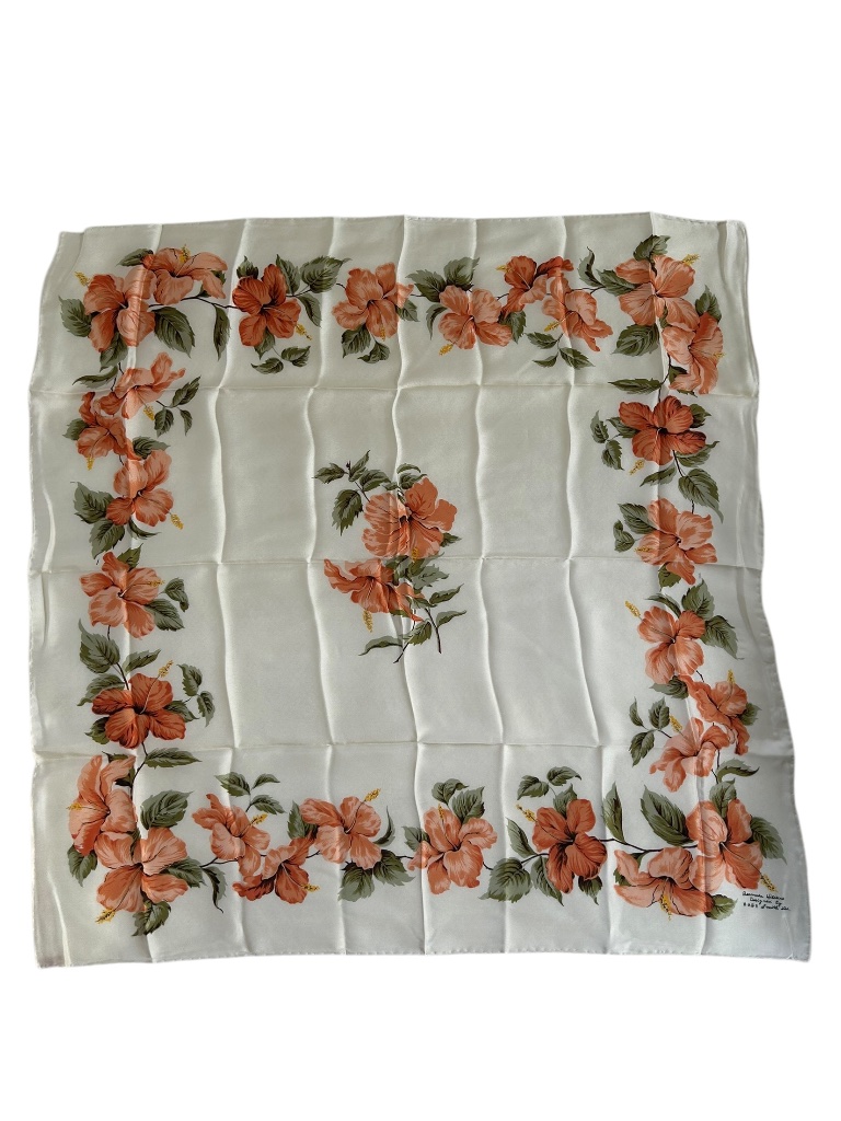 Bermuda Hibiscus 100% Silk H A& E Smith Std As New Vintage Orange Floral Scarf